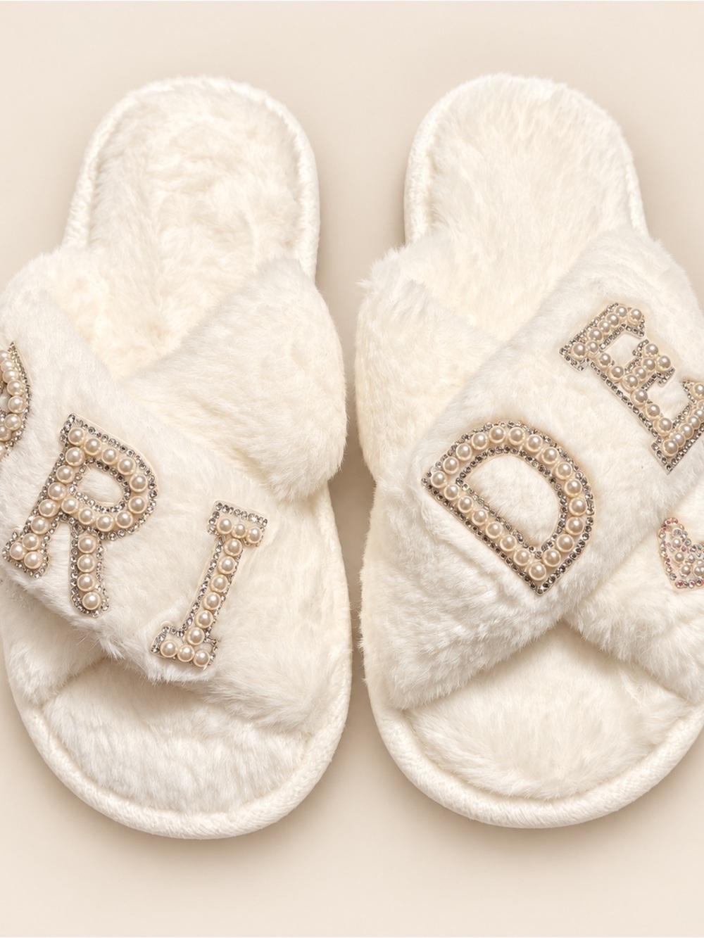Kids White Faux-Fur Slip-On Slippers with Pearl Lettering
